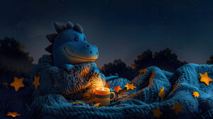 A tiny dinosaur snuggled in a warm blanket enjoying hot cocoa under a starry night sky. The wallpaper is named Cozy Night