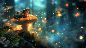A tiny frog sitting on a mushroom, with a magical forest backdrop and soft, glowing light