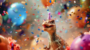 A tiny, happy dinosaur wearing a party hat, surrounded by confetti and balloons