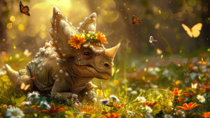 A tiny triceratops with a flower crown, sitting in a meadow filled with flowers and butterflies