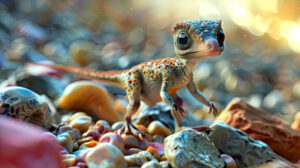 A tiny velociraptor with big eyes and a playful stance, standing on a pile of colorful rocks