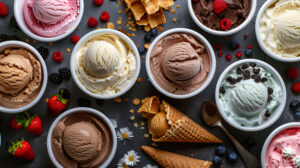 A top down capture showcasing an array of ice cream flavors in tubs accompanied by scoops taken out encircled by toppings and cones