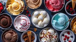 A top down snapshot showcasing a range of ice cream flavors in containers with scoops removed encircled by toppings and cones