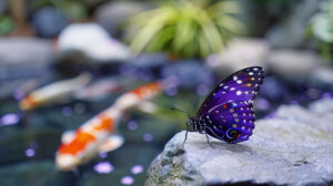 A tranquil Japanese garden backdrop with a purple butterfly perched on a stone and a koi pond in the distance is captured in this wallpaper