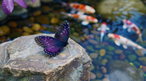 A tranquil Japanese garden featuring a purple butterfly perched on a stone with a serene koi pond in the background is captured in this wallpaper titled Tranquility