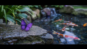 A tranquil Japanese garden sets the scene for a purple butterfly perched on a stone with a serene koi pond in the background in this wallpaper