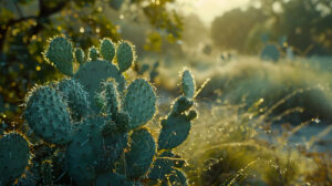 A tranquil cactus garden at sunrise its spines adorned with dew drops shimmering in the gentle morning sunlight