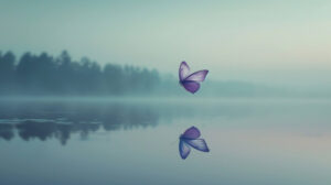 A tranquil purple butterfly gracefully gliding over a serene lake its reflection mirrored on the calm waters surface wallpaper.jpg