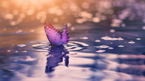 A tranquil scene capturing a purple butterfly gracefully soaring above a serene lake its reflection perfectly mirrored on the waters surface. The filename is purple butterfly over lake.jpg