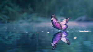 A tranquil scene of a purple butterfly gracefully fluttering above a serene lake its reflection mirrored on the placid waters surface captured in a wallpaper titled Butterfly Reflection.jpg