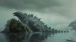 A tranquil wallpaper captures Godzilla peacefully resting on a remote island with birds perched on its back against a serene sea background