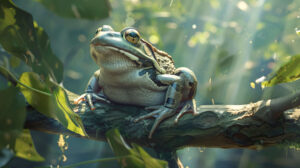 A tranquil wallpaper featuring a frog perched peacefully on a tree branch under gentle sunlight seeping through the foliage above