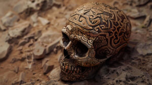 A tribal motif adorns a skull intricately carved atop a rustic earthy backdrop in the wallpaper