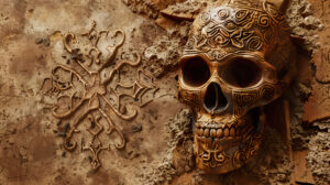 A tribal skull featuring intricate patterns and designs set against a rugged earthy backdrop is captured in this wallpaper