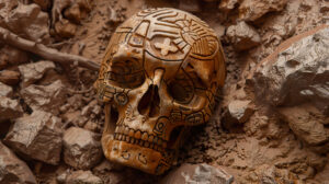 A tribal themed skull adorned with complex patterns intricately carved on its surface contrasted against a rough earthy backdrop in the wallpaper