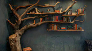 A unique, tree shaped bookshelf with branches holding books, creating an artistic focal point