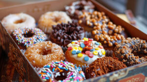 A variety of mini donuts, each with different toppings, arranged in a decorative box