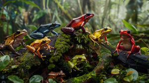 A variety of vibrant frogs from different species resting together on a lush moss covered log in a dense forest setting is captured in the wallpaper
