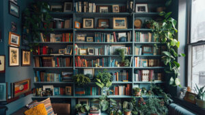A vast wall mounted bookshelf adorned with an assortment of books plants and framed photos
