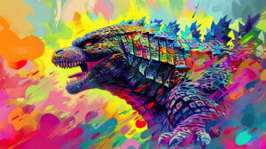 A vibrant and abstract wallpaper featuring Godzilla reimagined with colorful patterns seamlessly merging into the backdrop