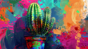 A vibrant and abstract wallpaper featuring a stylized cactus in a pot with colorful patterns in the background