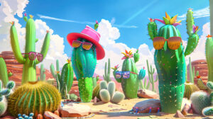 A vibrant desert wallpaper featuring whimsical cartoon cacti sporting sunglasses and hats in a cheerful setting