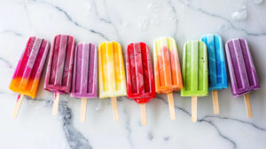 A vibrant display of multicolored ice cream popsicles artfully arranged in a fan shape on a white marble surface perfect for wallpaper