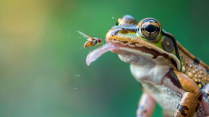 A vibrant green backdrop frames a frog catching a fly with its long tongue in the wallpaper titled Frog Catching Fly