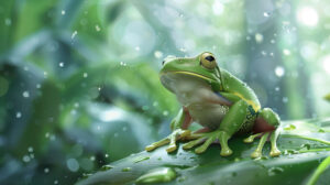 A vibrant green tree frog perched on a leaf, with raindrops glistening around it and a rainforest backdrop