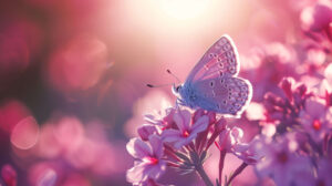 A vibrant pink flower with a delicate purple butterfly basking in soft sunlight captured in a close up shot. The filename is vibrant pink flower delicate purple butterfly soft sunlight.jpg