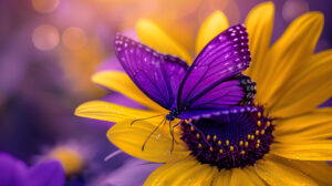 A vibrant purple butterfly fluttering atop a vivid yellow sunflower forming a captivating and attention grabbing wallpaper