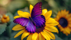 A vibrant purple butterfly set against a contrasting yellow sunflower, creating a striking and eye catching image