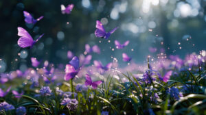 A vibrant wallpaper capturing a bunch of purple butterflies dancing in a rich green meadow adding a playful and colorful touch to the scenery