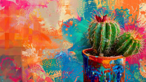 A vibrant wallpaper featuring an artistic interpretation of a cactus in a pot surrounded by abstract patterns and bold colors