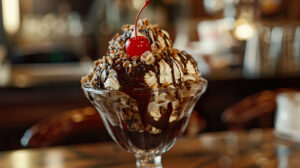 A vintage glass dish showcasing a sundae topped with chocolate sauce crushed nuts and a cherry captured up close in a photo named sundae in vintage glass.jpg