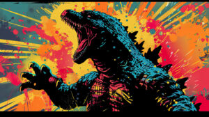 A vivid wallpaper featuring a depiction of Godzilla in a comic book art style characterized by bold outlines and vibrant exaggerated colors