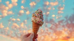 A waffle cone dipped in chocolate and adorned with rainbow sprinkles set against a colorful summer sky. Save as summer sky waffle cone wallpaper.jpg