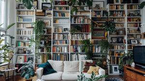 A wall length built in bookshelf filled with books plants and framed photos is featured in the wallpaper