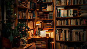 A wall wallpaper featuring a corner bookshelf displaying a variety of novels journals and a small reading lamp on one of the shelves