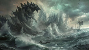 A wallpaper capturing Godzilla rising from the ocean amidst towering waves and ships being thrown around in the chaos
