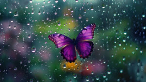 A wallpaper capturing a purple butterfly encased in raindrops against a window with a blurred garden in the background visible.jpg