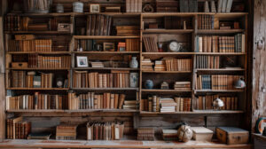 A wallpaper displaying a reclaimed wood bookshelf adorned with vintage books and knick knacks