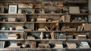 A wallpaper featuring a charming farmhouse style bookshelf crafted from reclaimed wood and adorned with a collection of vintage books and trinkets