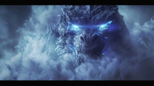 A wallpaper featuring a close up of Godzillas face with eerie blue eyes and smoke billowing from its nostrils