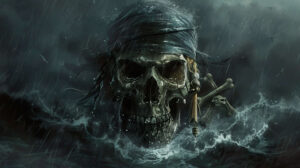 A wallpaper featuring a pirate themed skull wearing a tattered bandana eye patch and crossbones below it against a backdrop of a dark stormy sea