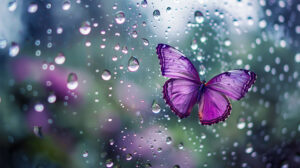 A wallpaper featuring a purple butterfly outlined by raindrops on a window showcasing a hazy garden backdrop