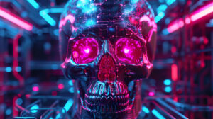 A wallpaper featuring a skull design from the future with neon lines and circuits evoking a cyberpunk vibe