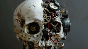 A wallpaper featuring a skull half of which is adorned with mechanical gears and wires blending natural and industrial components