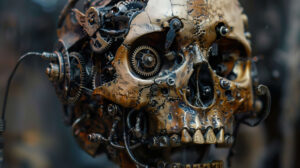 A wallpaper featuring a skull that integrates both organic and industrial components with one half adorned with mechanical gears and wires