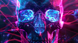 A wallpaper featuring a skull with neon lines and circuits exuding a cyberpunk vibe